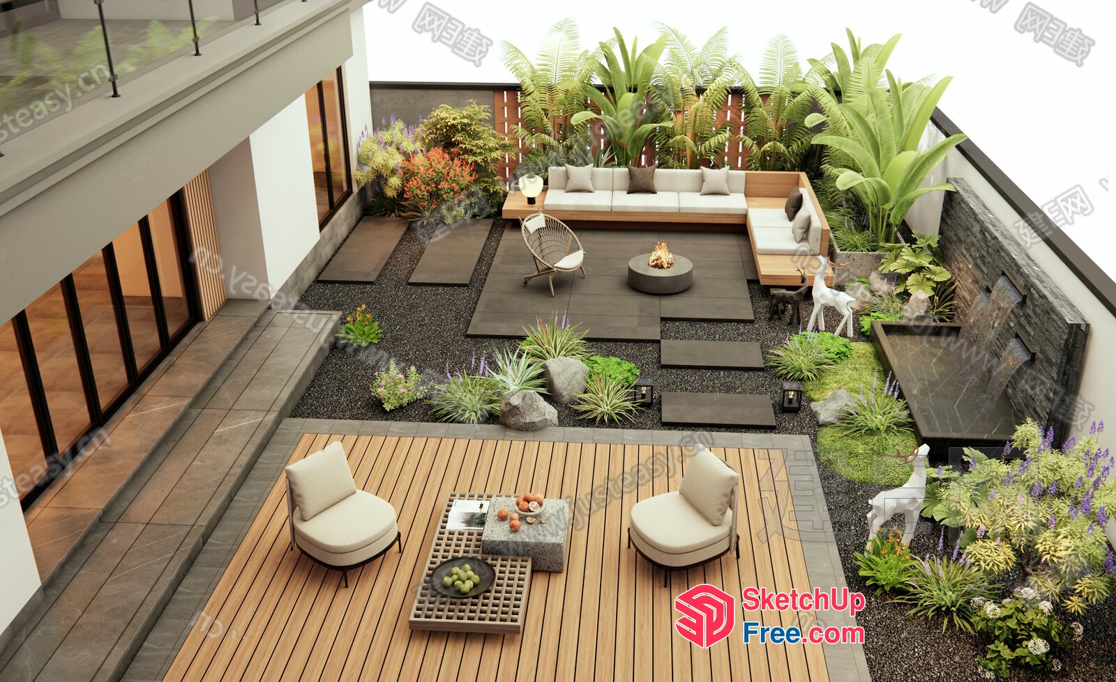 Elegant Modern Outdoor Living Space With Wood Deck And Fire Pit 3D SketchUp File