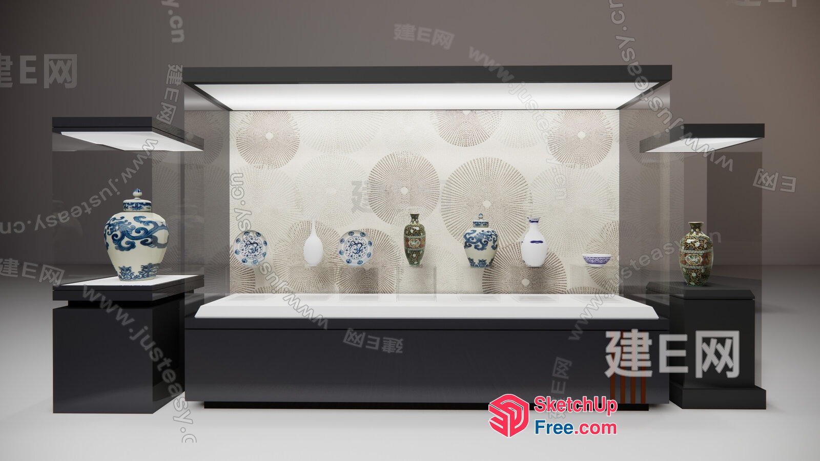 Elegant Chinese Vase Collection In Glass Case 3D SketchUp File