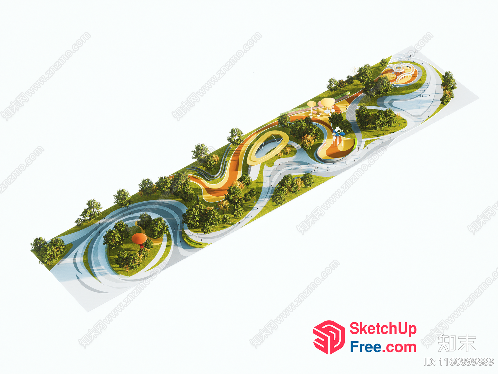 Vibrant Modern Park Design With Serpentine Pathways And Water Features 3D SketchUp File