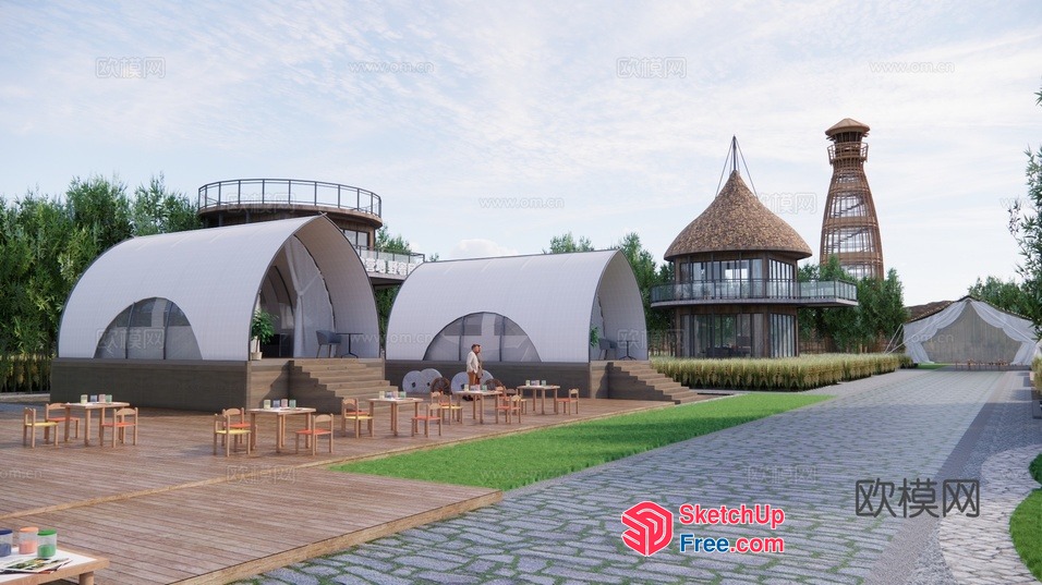 Modern Outdoor Dining And Relaxation Area With Unique Structures 3D SketchUp File