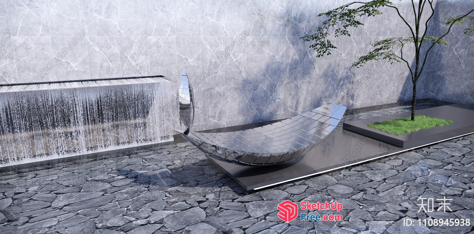 Modern Outdoor Space With Stone Flooring And Water Feature 3D SketchUp File