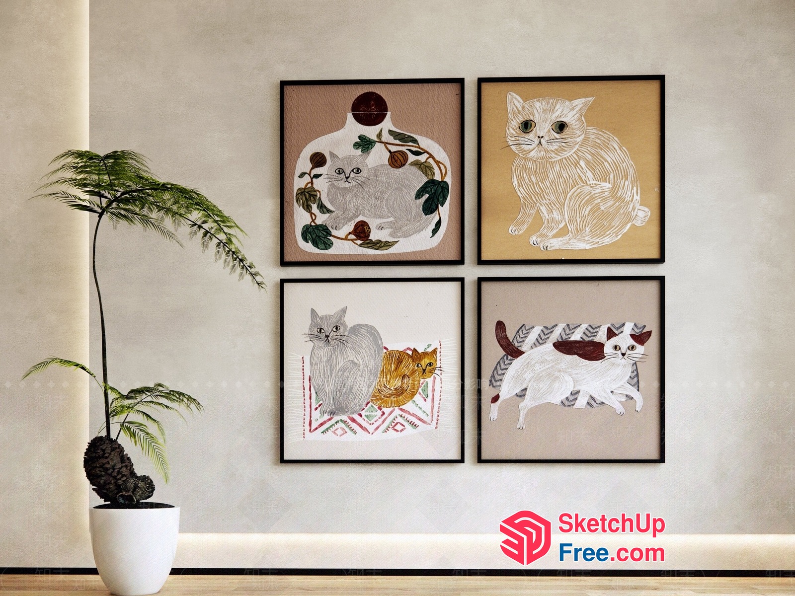 Four Cat-Themed Artworks On A White Wall 3D SketchUp File