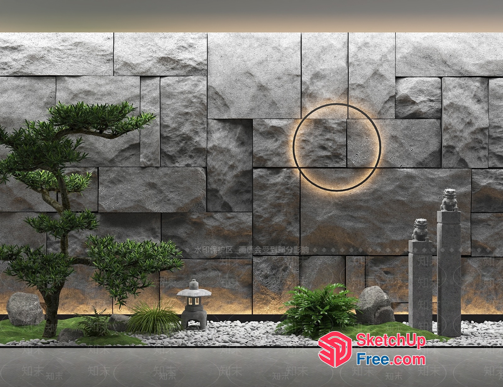 Japanese-Style Stone Wall With Lanterns And Statues 3D SketchUp File