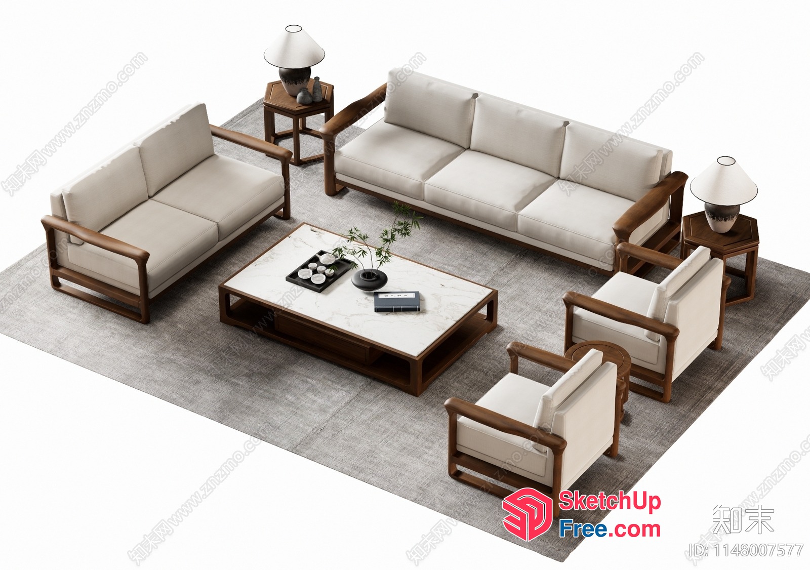 Elegant Living Room With Creamy Style Sofa And Wooden Furniture 3D SketchUp File