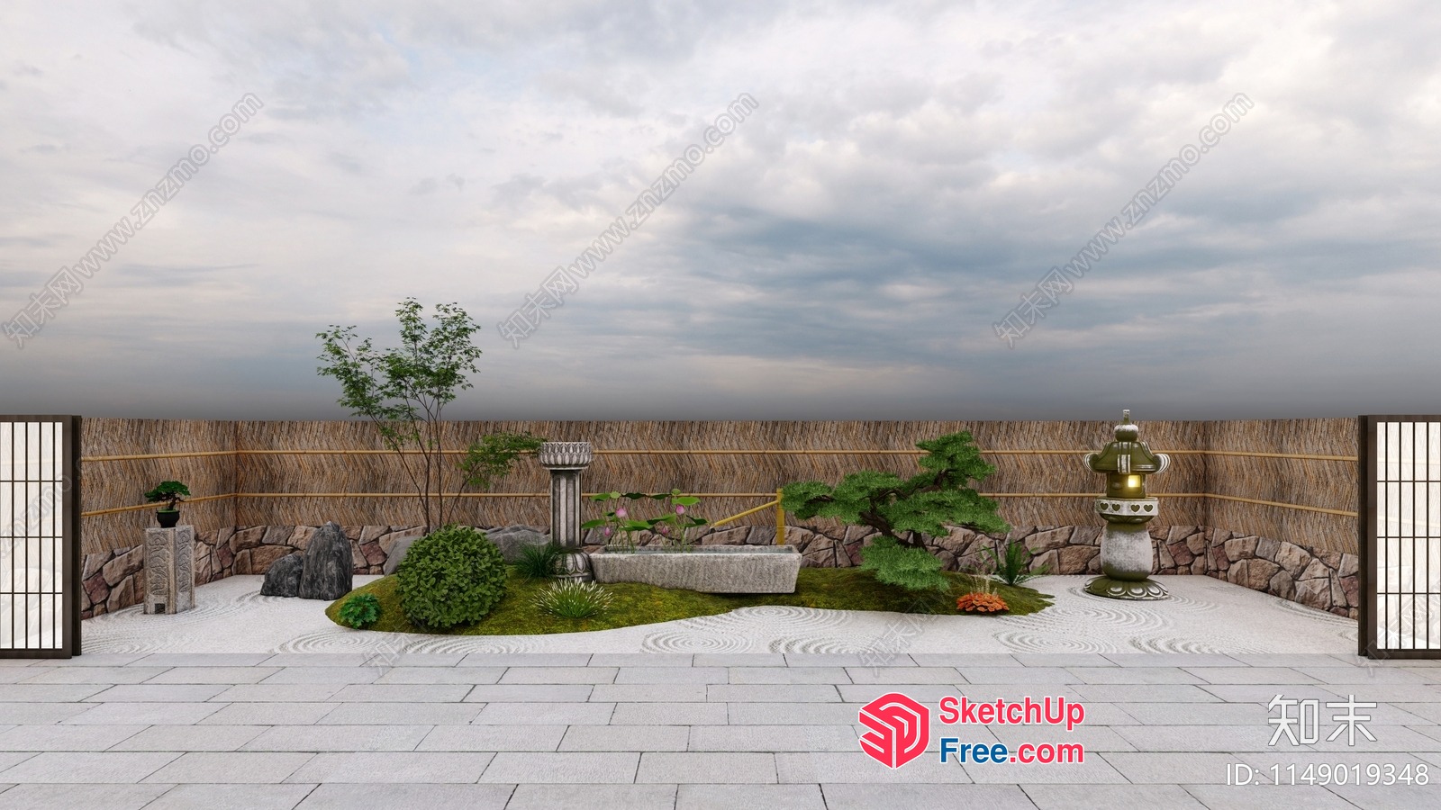 Japanese Style Garden With Stone Wall And Water Feature 3D SketchUp File
