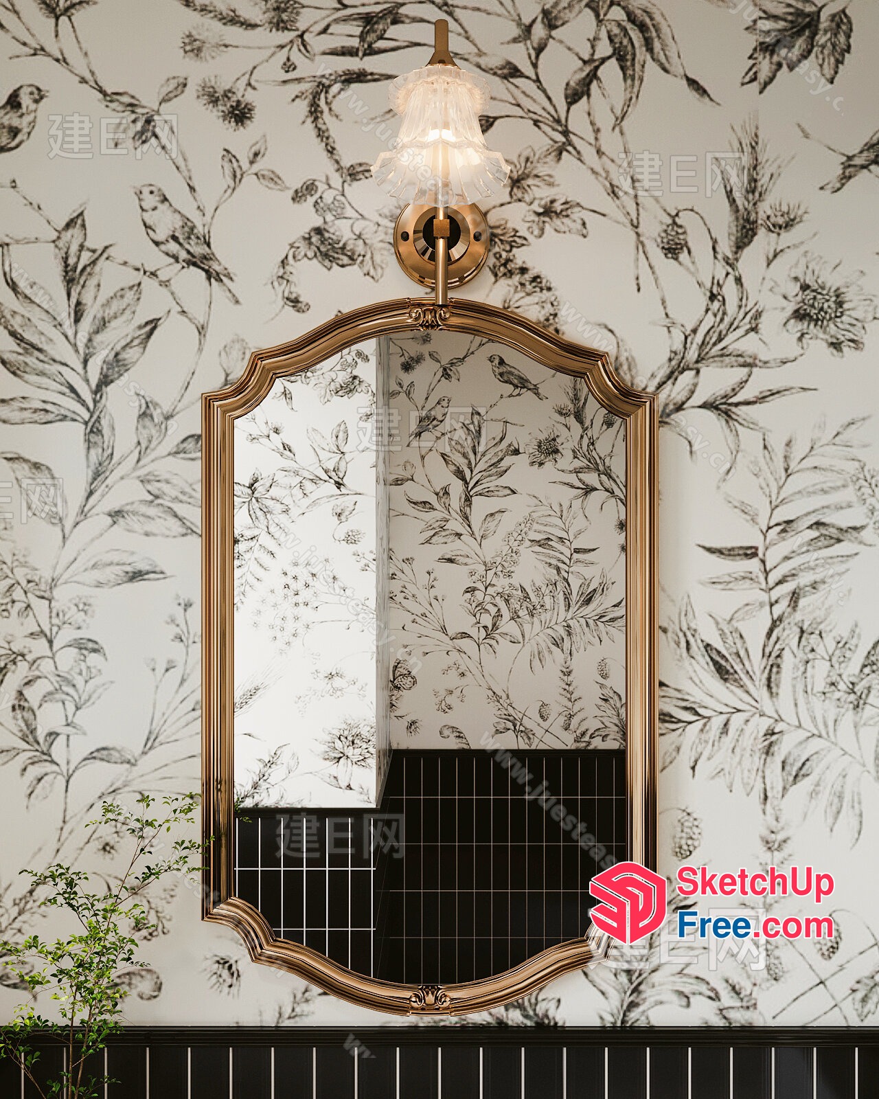 Elegant Floral Wallpaper And Ornate Mirror 3D SketchUp File