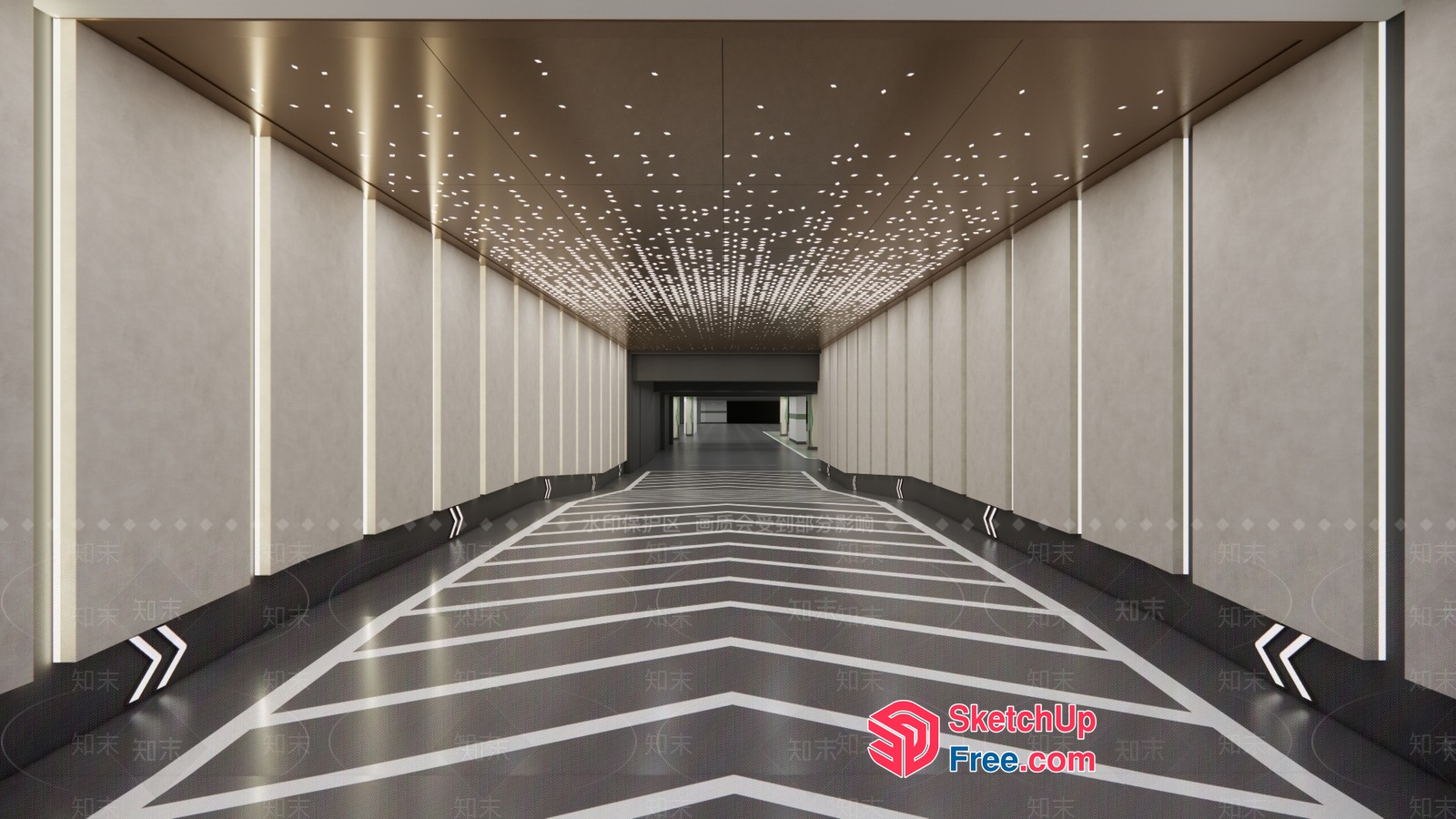 Long Hallway With White Lines And Ceiling Lights 3D SketchUp File
