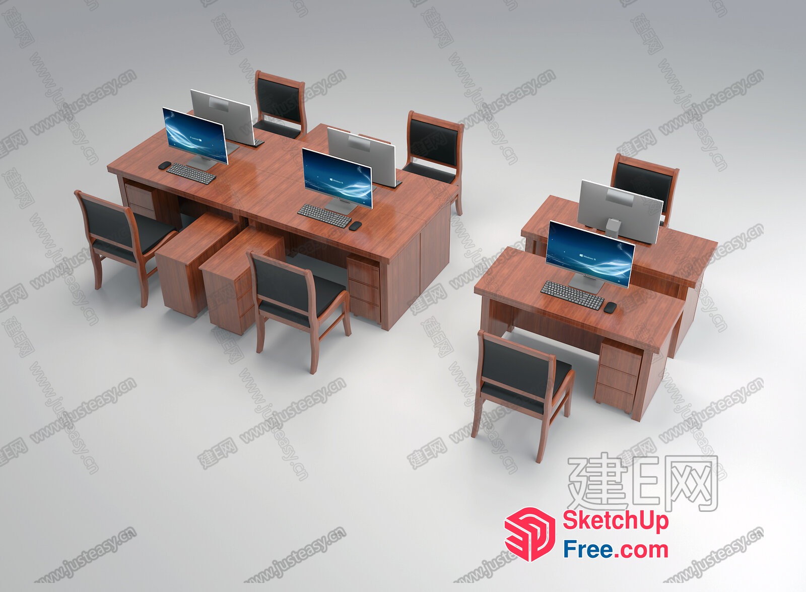 Office Furniture With Multiple Desks And Computers 3D SketchUp File