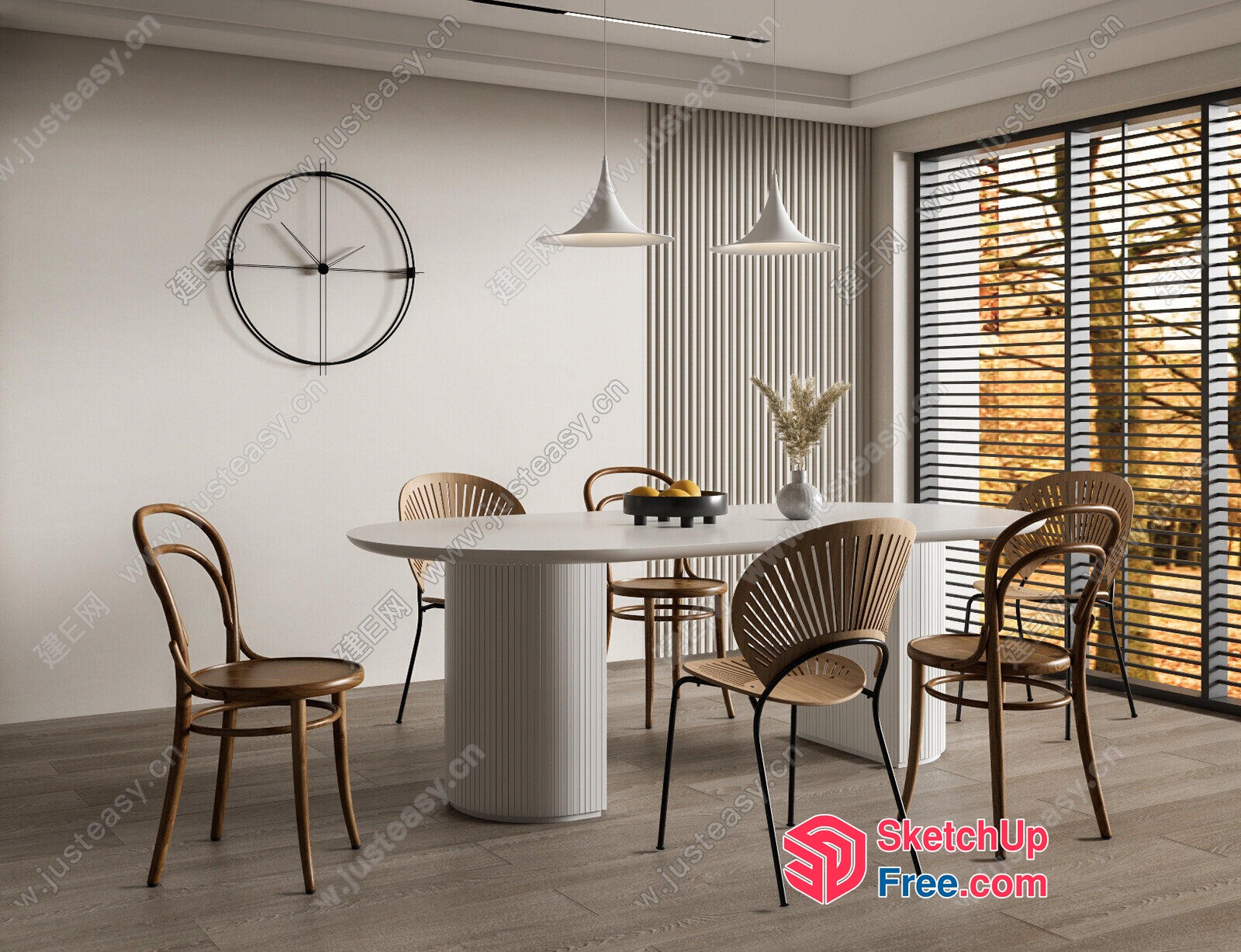 Modern Minimalist Dining Room With White Table And Wooden Chairs 3D SketchUp File