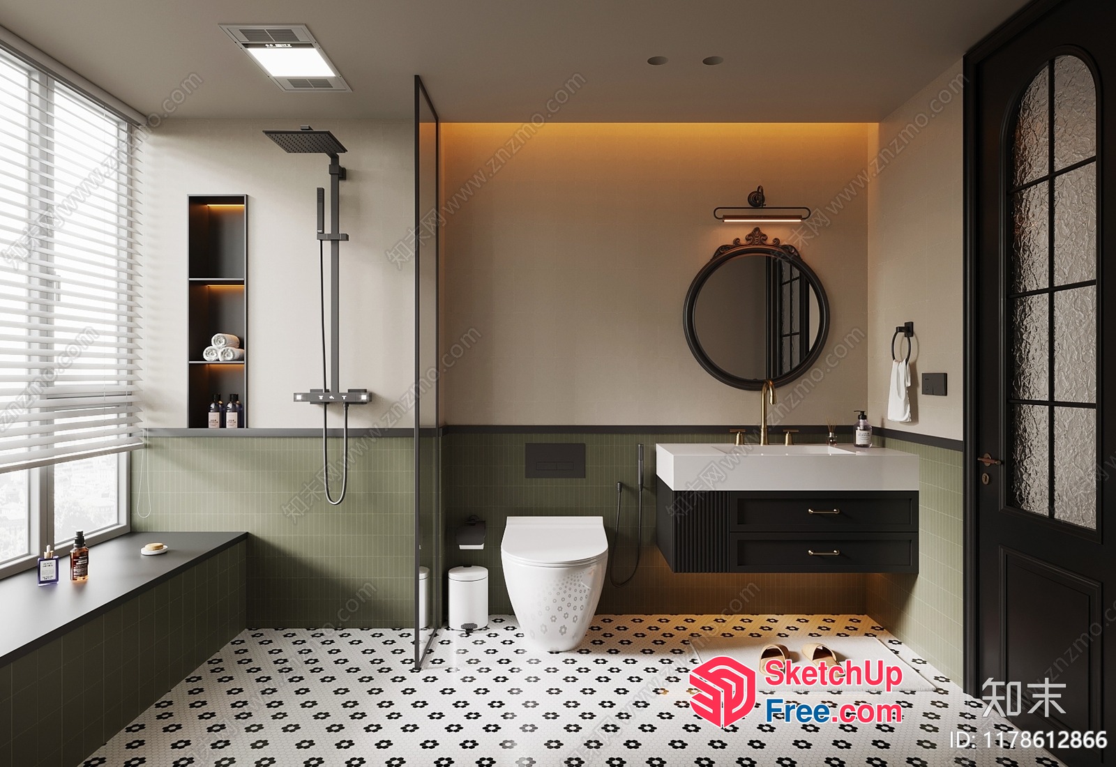 Modern Bathroom With Green Accents And Patterned Floor Tiles 3D SketchUp File