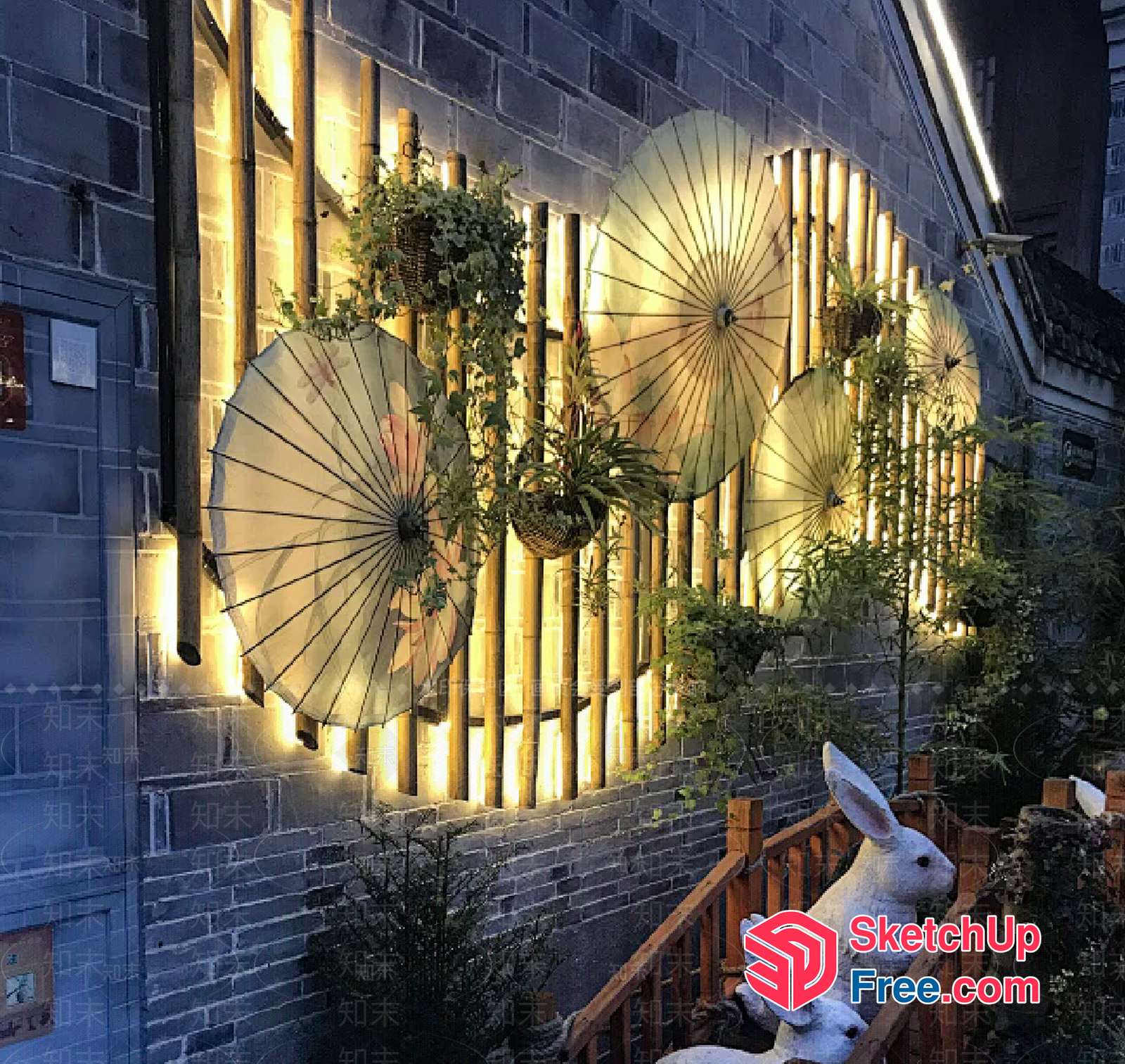 Japanese Style Decorative Wall With Bamboo And Plants 3D SketchUp File