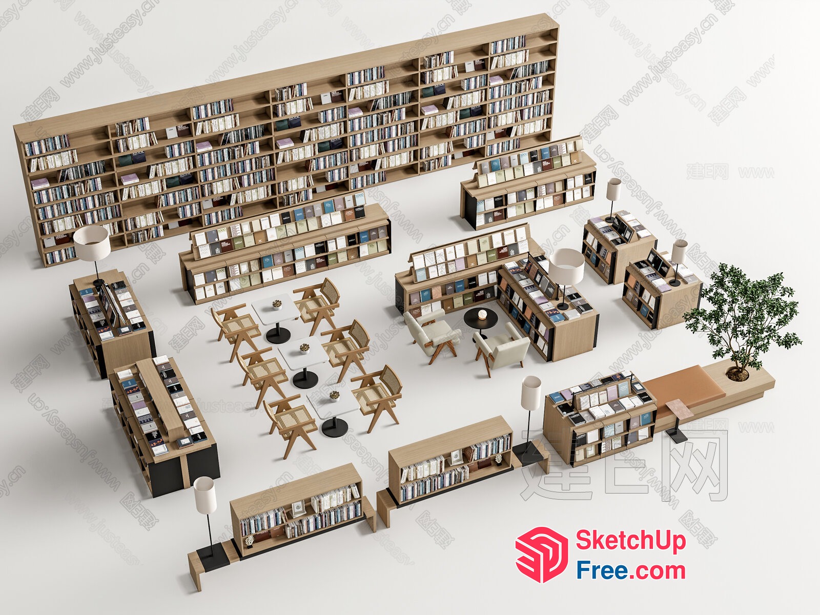 Modern Library Interior Design With Wooden Furniture And Bookshelves 3D SketchUp File