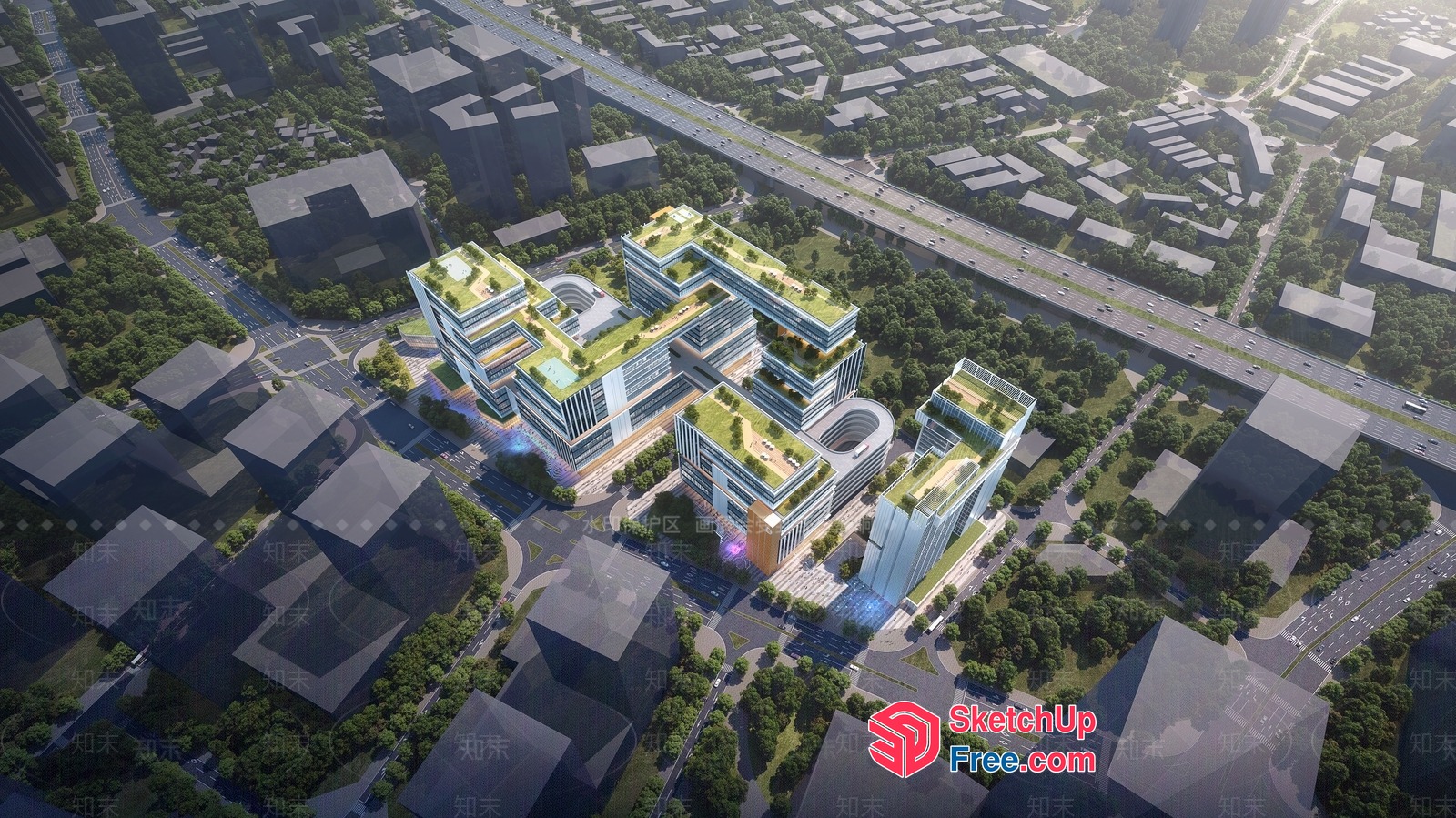 Modern Office Building With Green Roof And Urban Landscape 3D SketchUp File