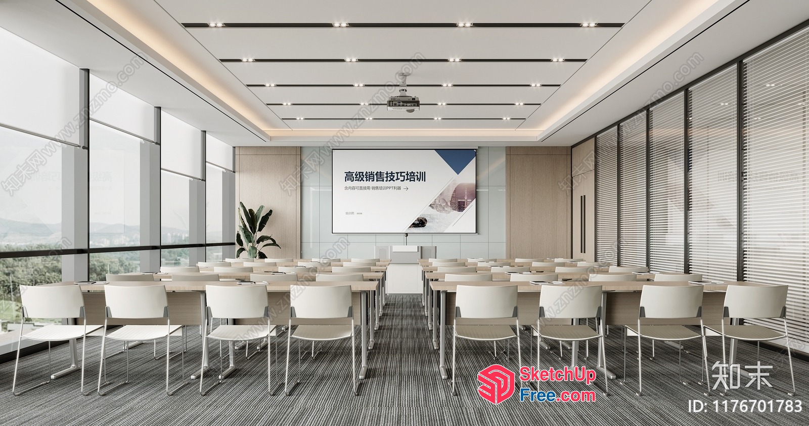 Modern Conference Room With Large Windows And Projector 3D SketchUp File