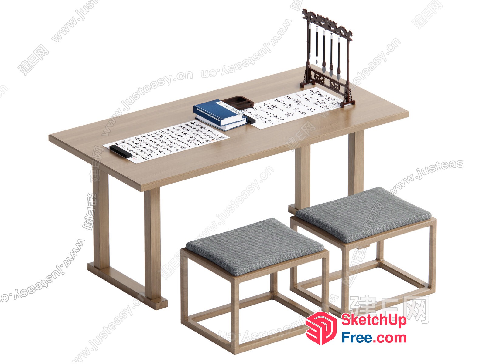 Simple Desk With Two Stools 3D SketchUp File