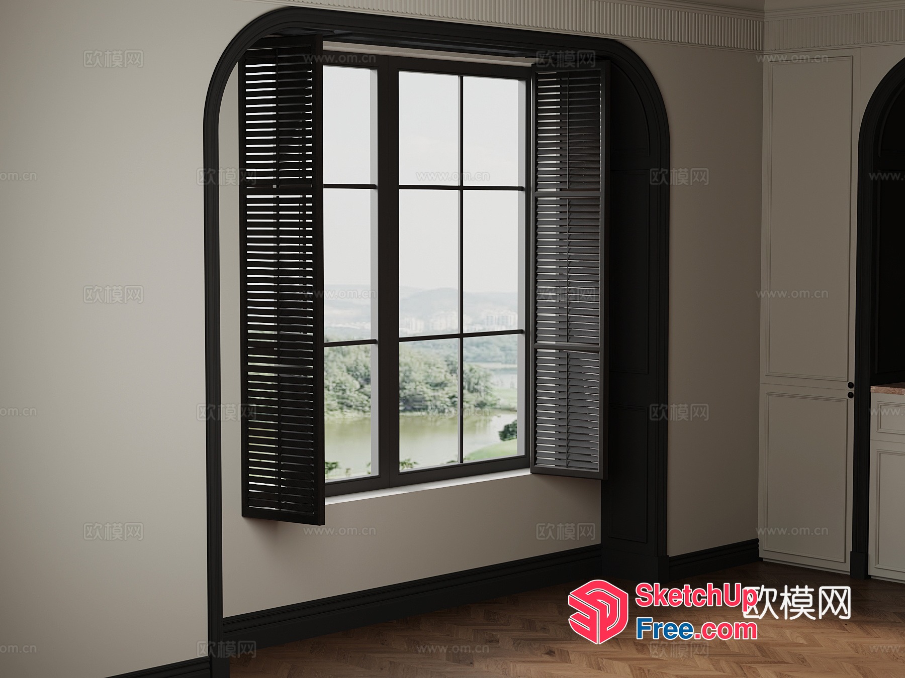 Black Window With Shutters And Arched Frame 3D SketchUp File