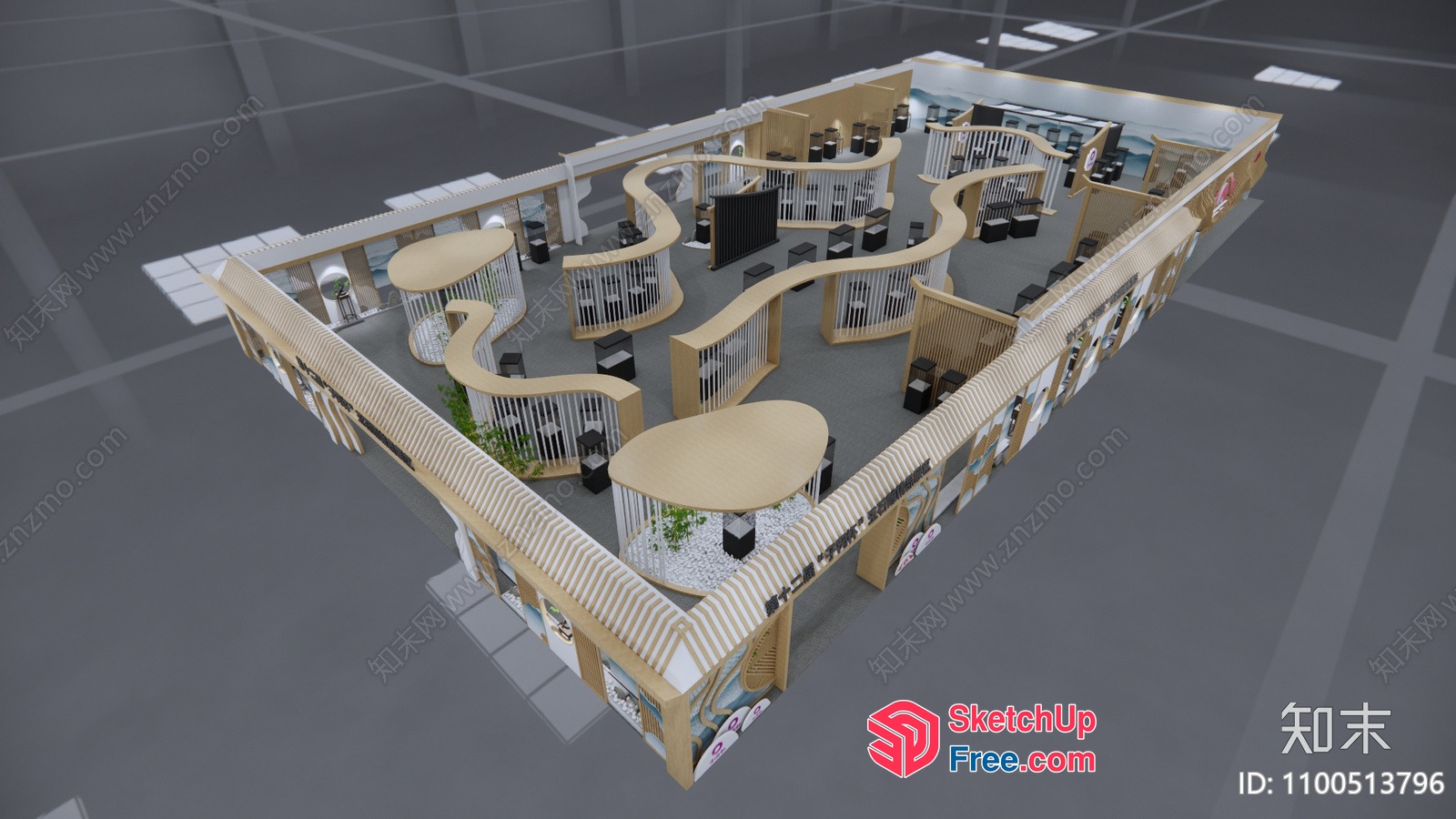 Modern Office Space With Curved Railing And Desks 3D SketchUp File