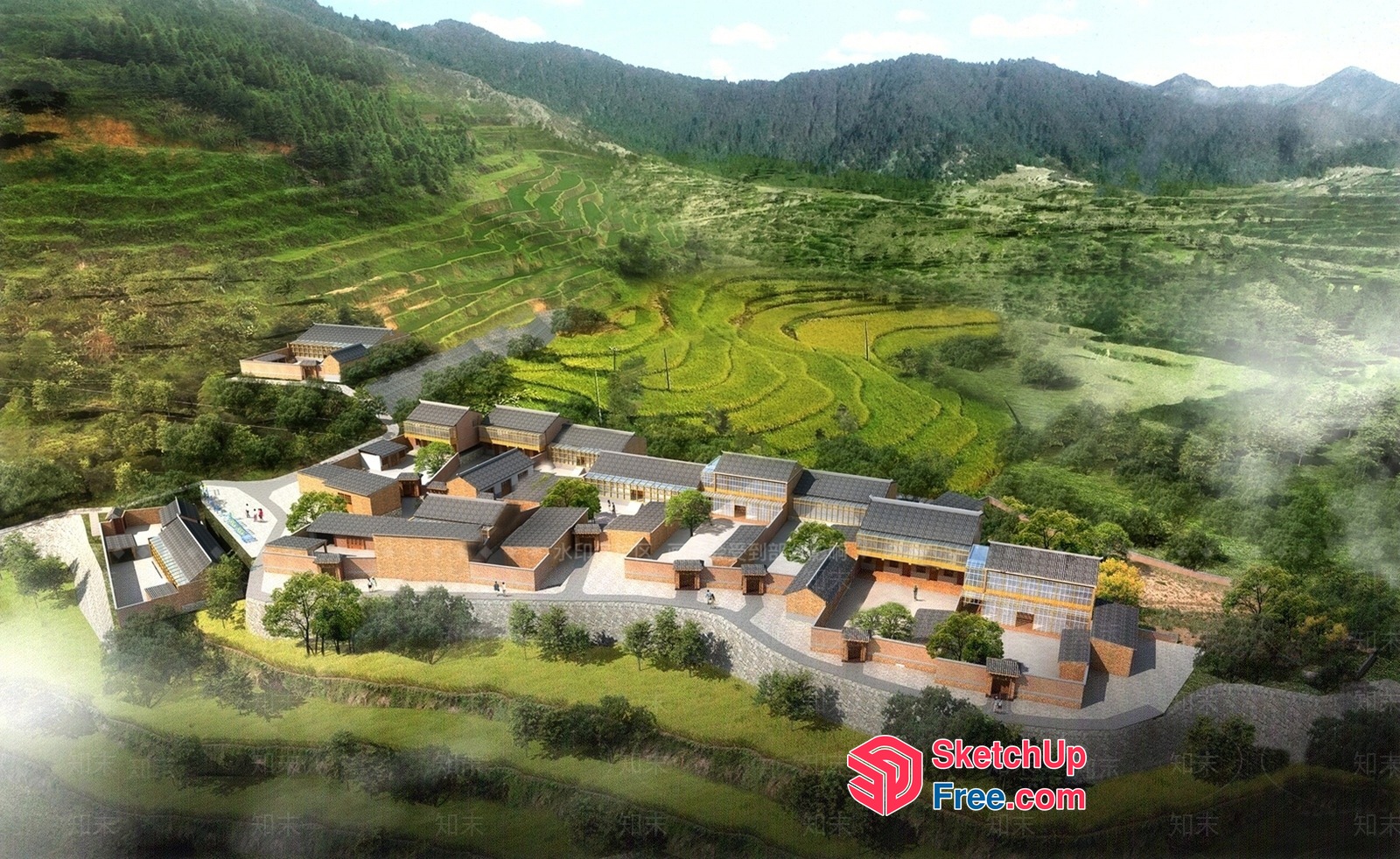Aerial View Of Serene Villages In Mountainous Landscape 3D SketchUp File