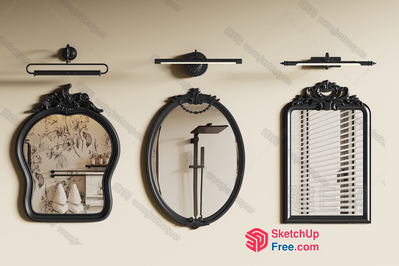 Elegant Black Decorative Mirrors And Ornate Shelves 3D SketchUp File