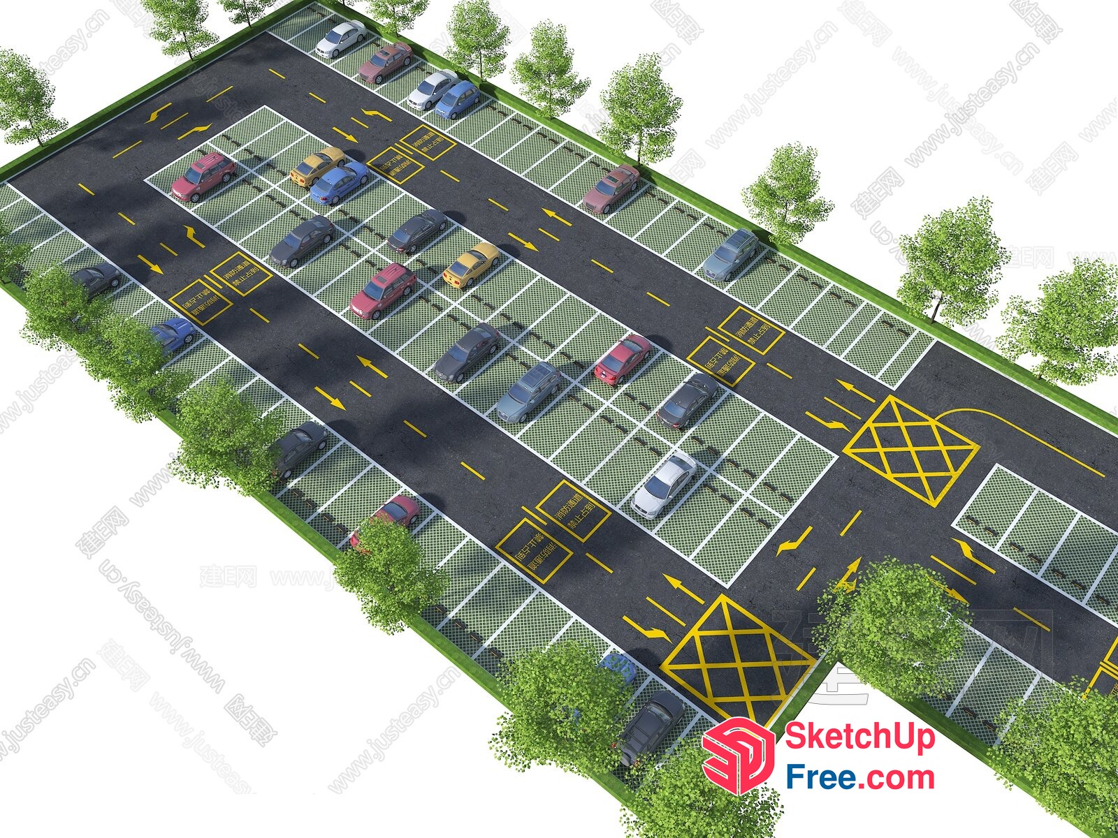Aerial View Of A Multi-Level Parking Lot With Cars And Trees 3D SketchUp File