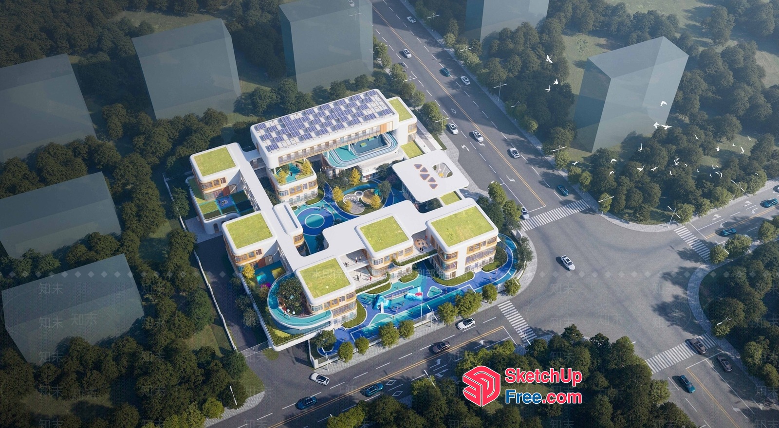 Modern Commercial Building With Swimming Pool And Green Roof 3D SketchUp File