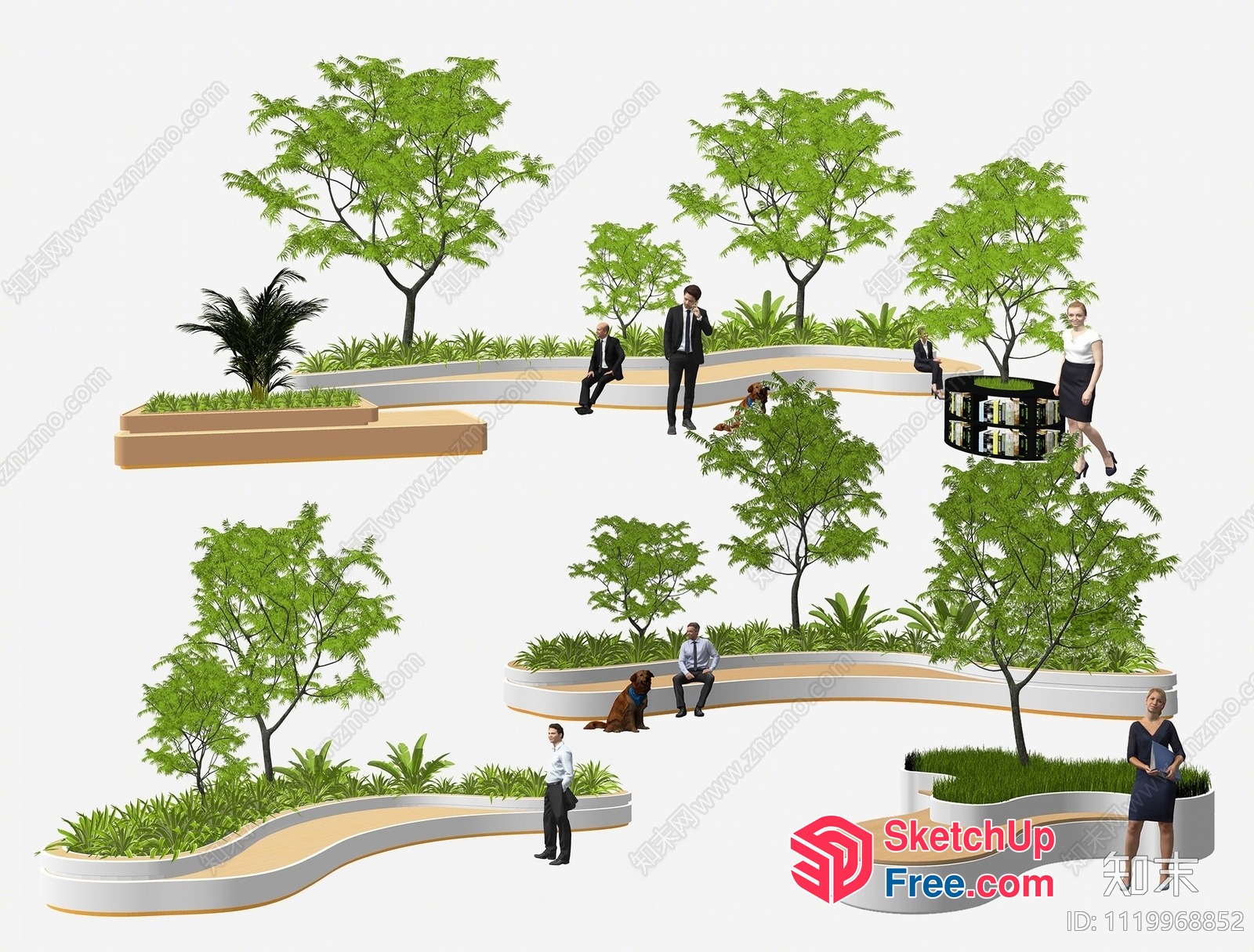 Modern Outdoor Seating Area With Trees And People 3D SketchUp File