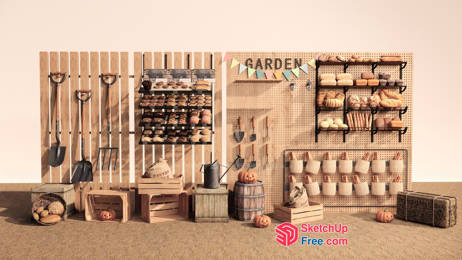 Rustic Garden Tools And Baked Goods Display 3D SketchUp File