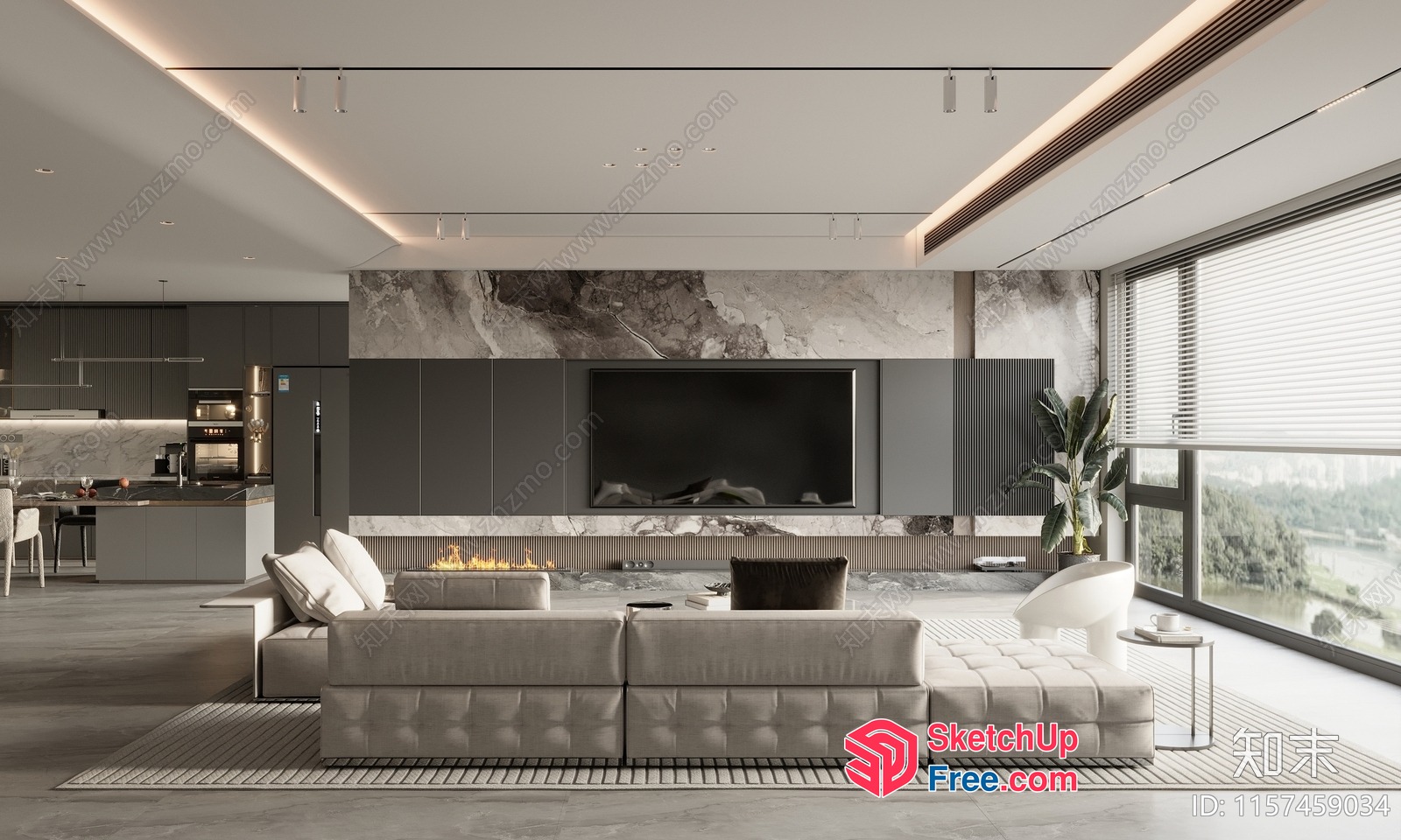 Modern Living Room With Marble Accents And Large Tv 3D SketchUp File
