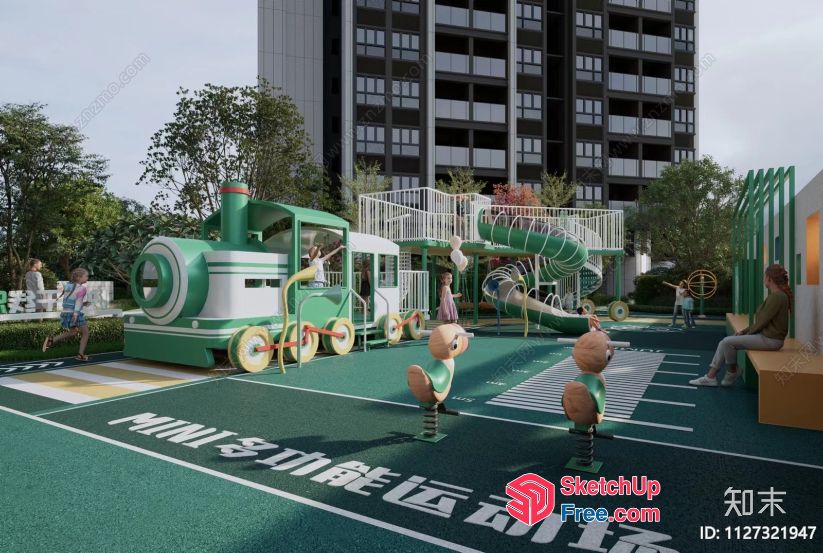 A Playground With A Train And A Building In The Background 3D SketchUp File