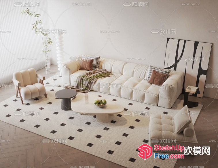 Minimalist Living Room With Creamy Style Sofa And White Rug 3D SketchUp File