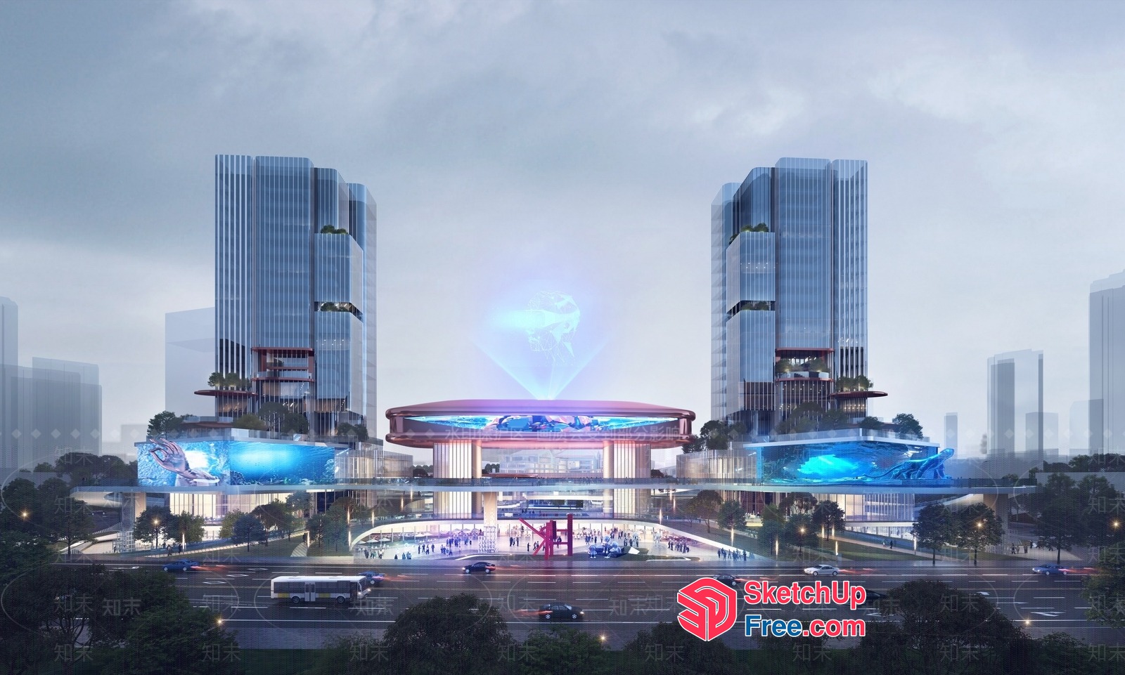 Futuristic Cityscape With Glass Curtain Wall And Modern Architecture 3D SketchUp File