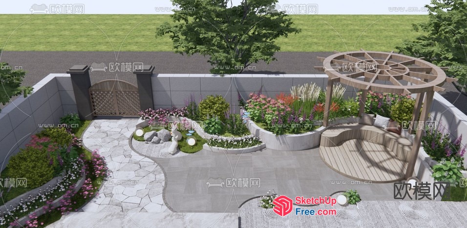 Serene Patio Oasis With Elegant Stone And Wood Features 3D SketchUp File