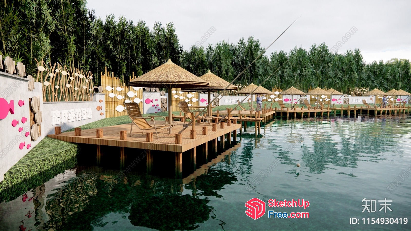 Serene Oasis Waterfront With Wooden Piers And Canopies 3D SketchUp File