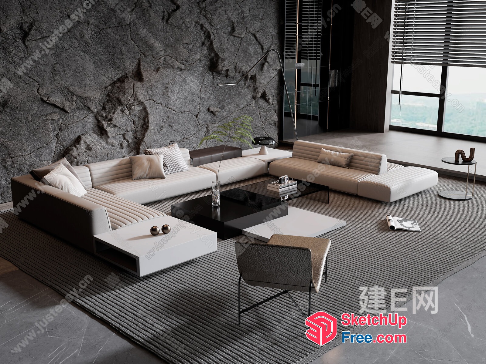 Modern Minimalist Living Room With Large Windows And Stone Wall 3D SketchUp File
