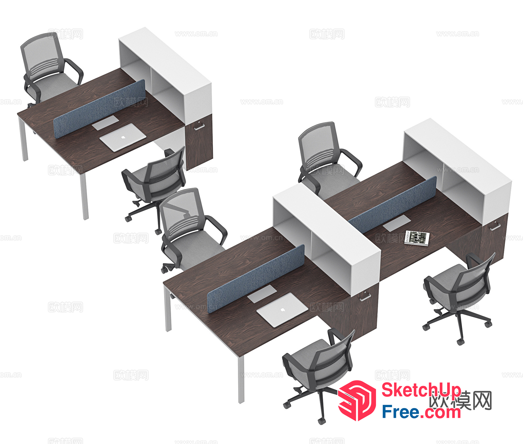 Modern Office Workstation With Wooden Desks And Gray Chairs 3D SketchUp File