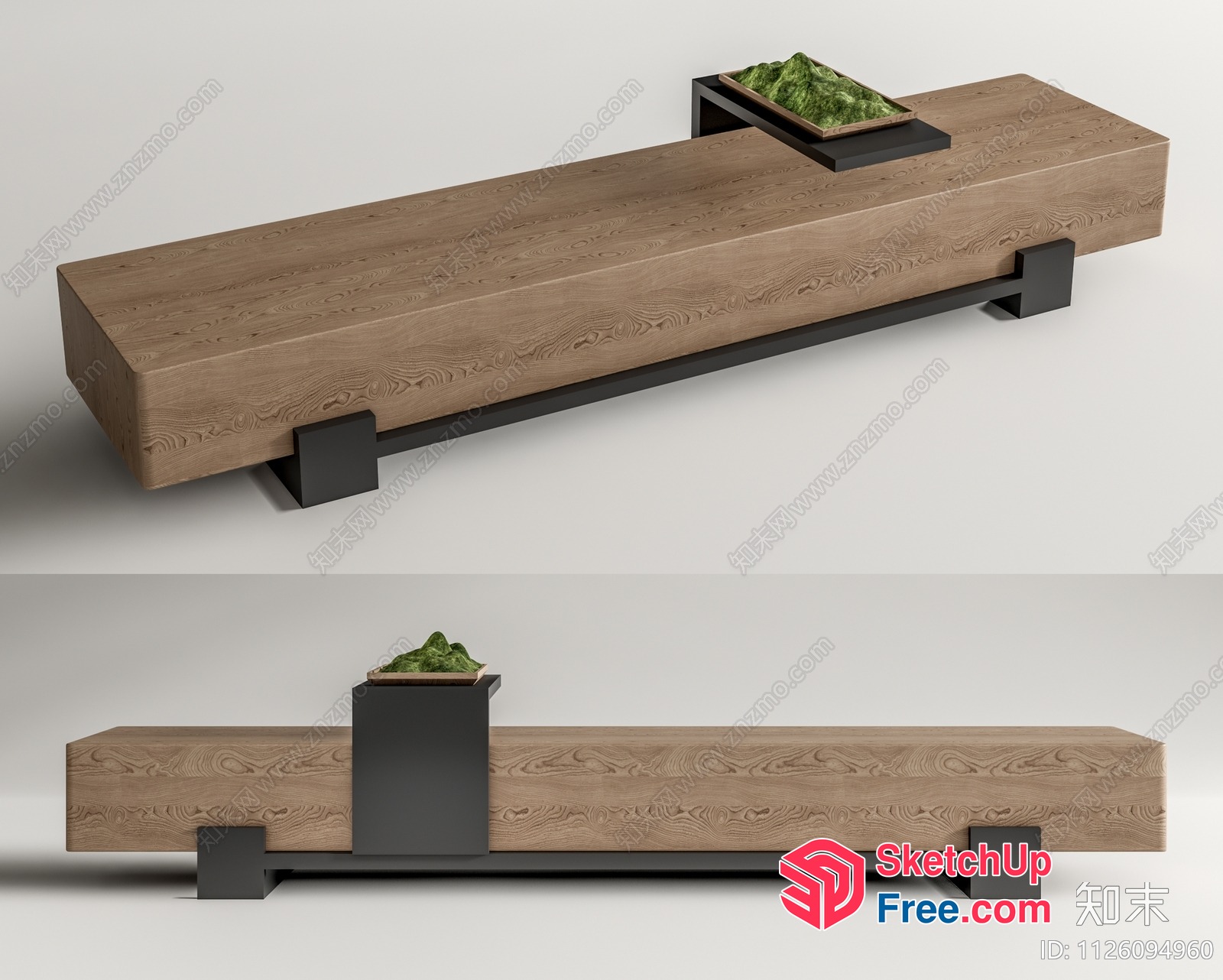 Long Rectangular Wooden Table With Black Metal Base And Green Plant 3D SketchUp File