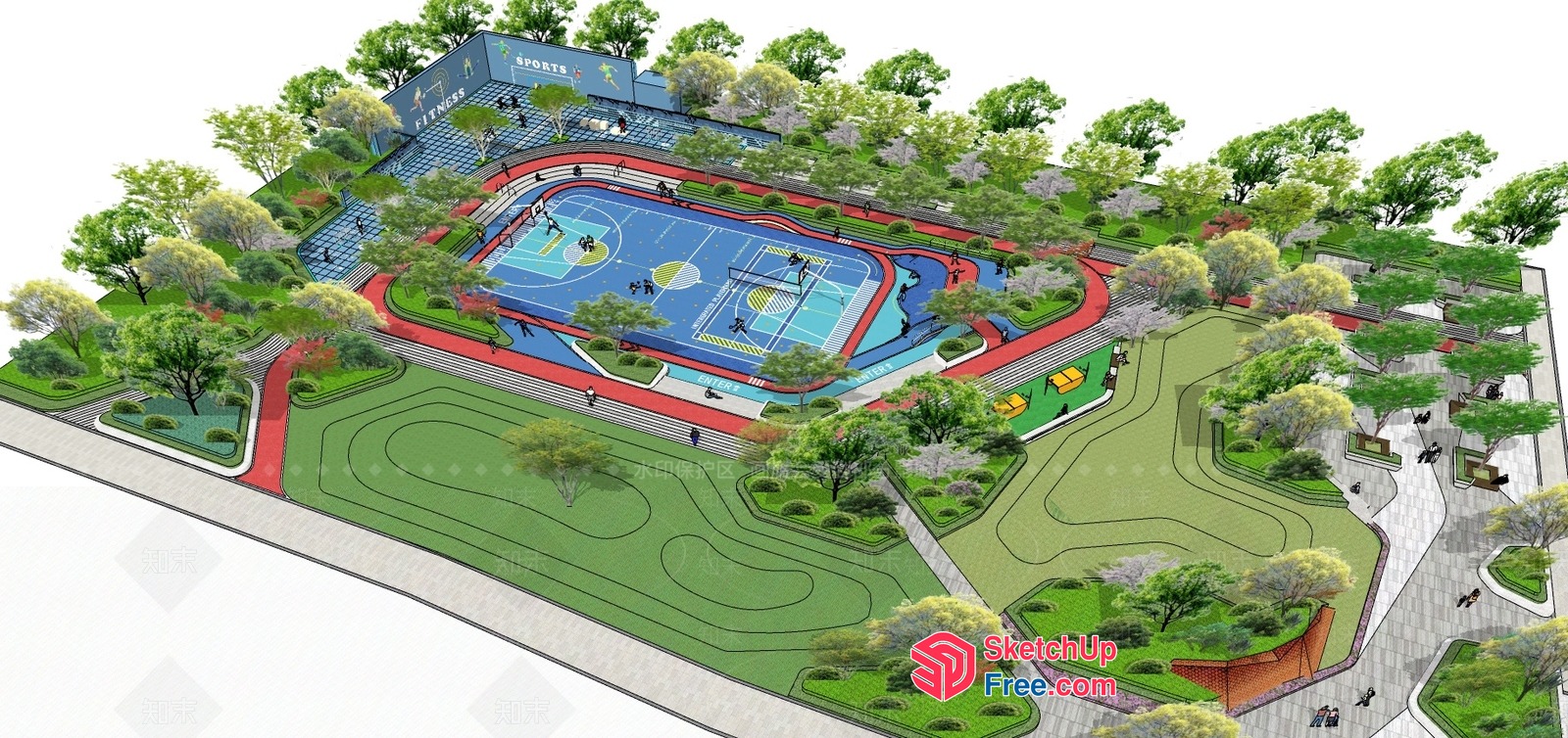 Colorful Sports Complex With Basketball Court And Running Track 3D SketchUp File