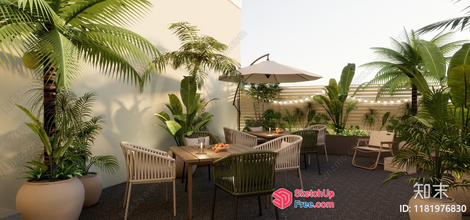 Tropical Outdoor Dining Area With Potted Plants 3D SketchUp File