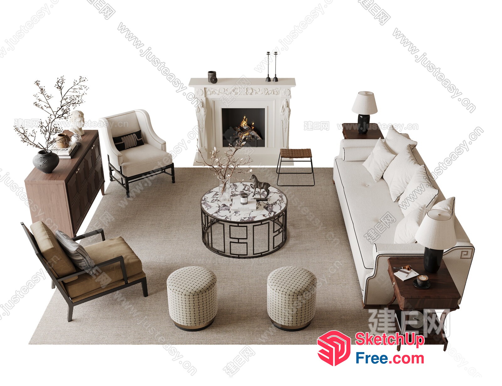 Elegant Living Room With Fireplace And Modern Furniture 3D SketchUp File