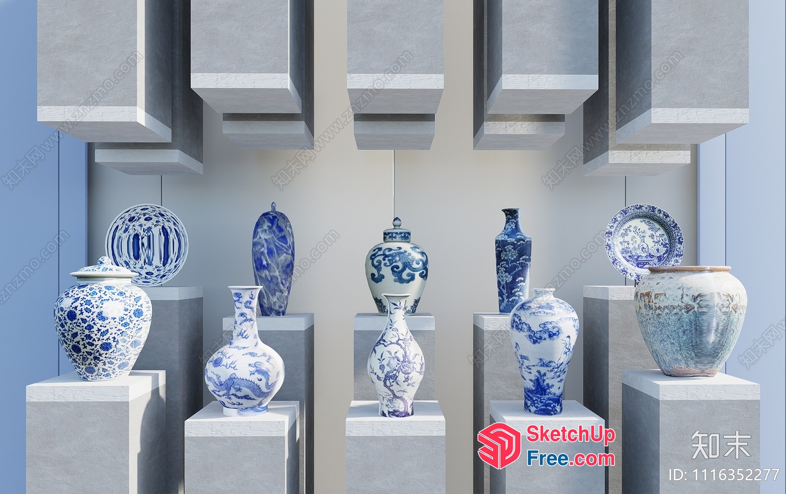 Elegant Blue And White Porcelain Vases 3D SketchUp File