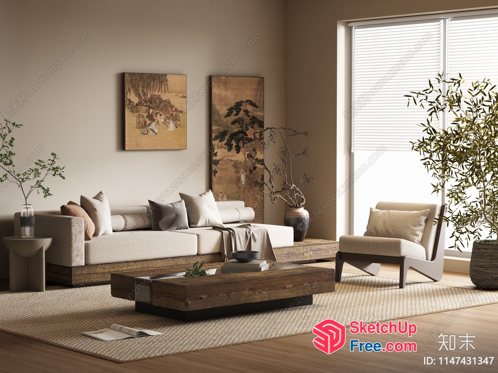 Modern Japanese-Inspired Living Room With Natural Wood Accents 3D SketchUp File