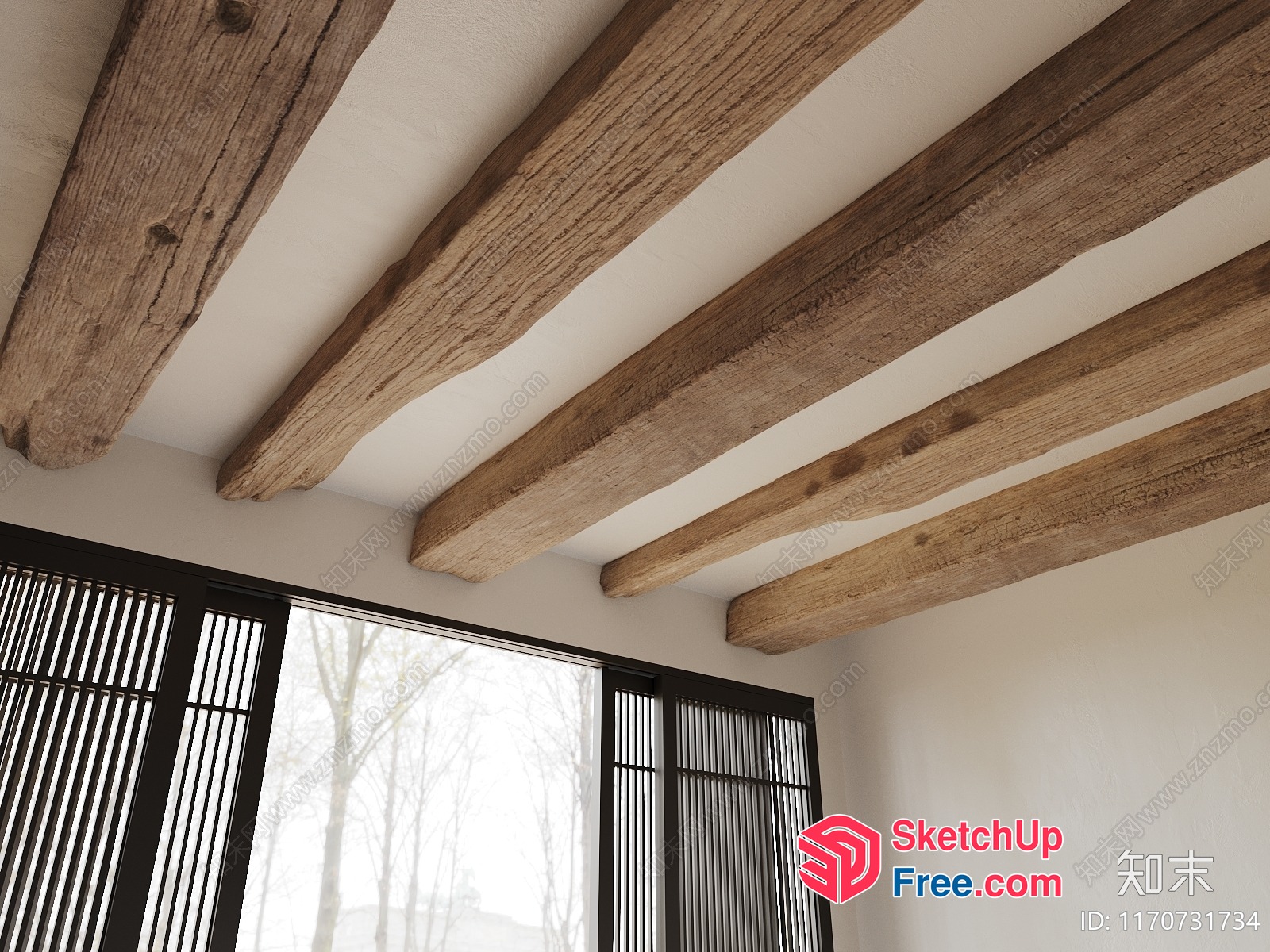 Wood Beams And Windows In A White Room 3D SketchUp File
