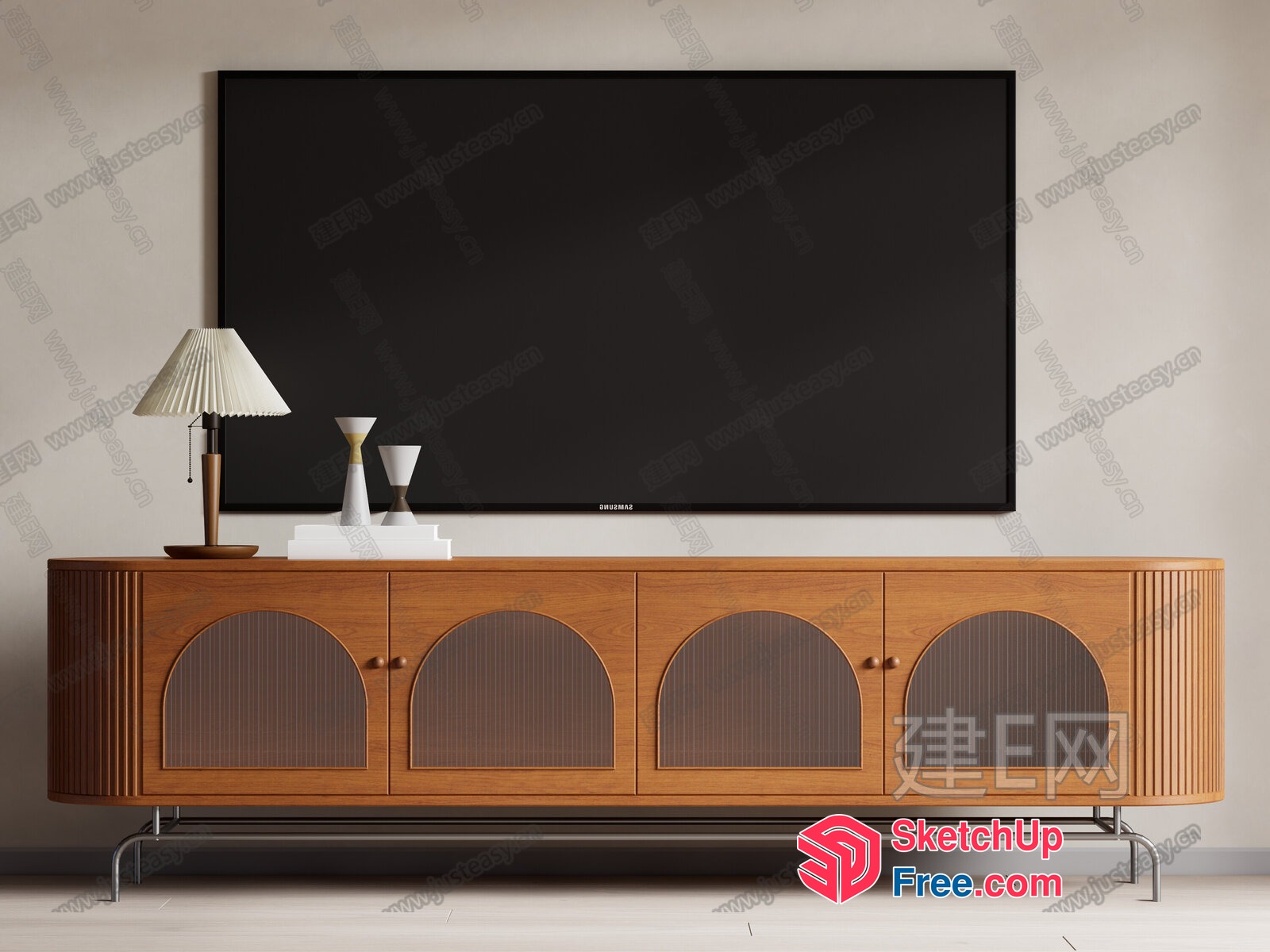 Modern Tv Stand With Arched Doors And Wooden Cabinet 3D SketchUp File