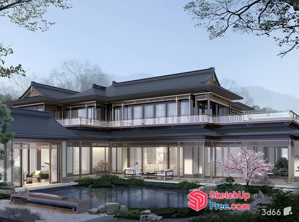 Modern Japanese Villa With Elegant Glass Curtain Wall 3D SketchUp File