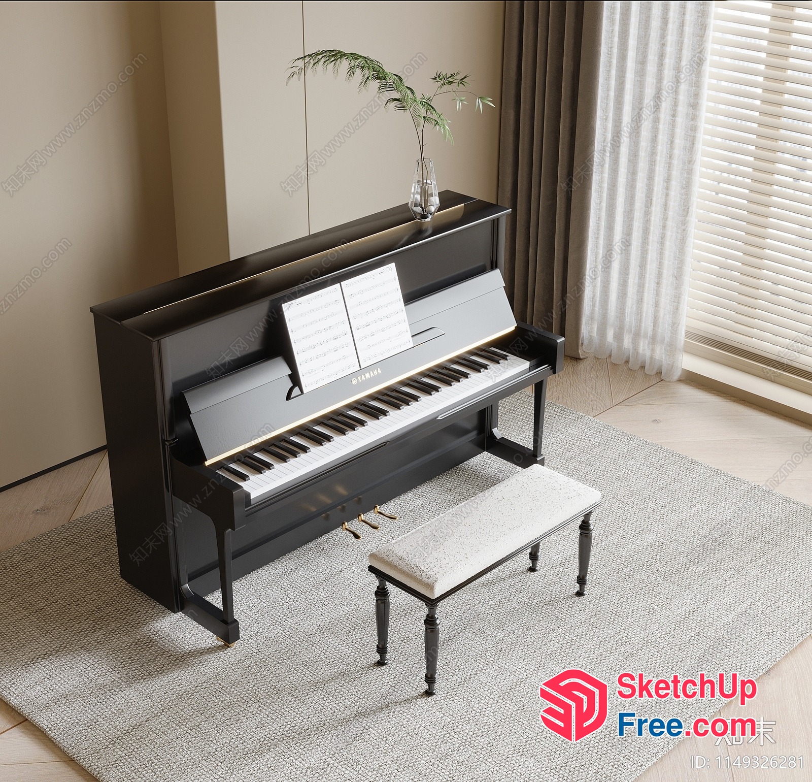 Elegant Piano And Bench In A Serene Room 3D SketchUp File