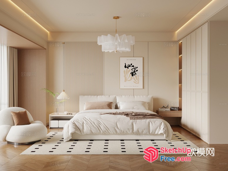 Modern Creamy Style Bedroom Interior 3D SketchUp File