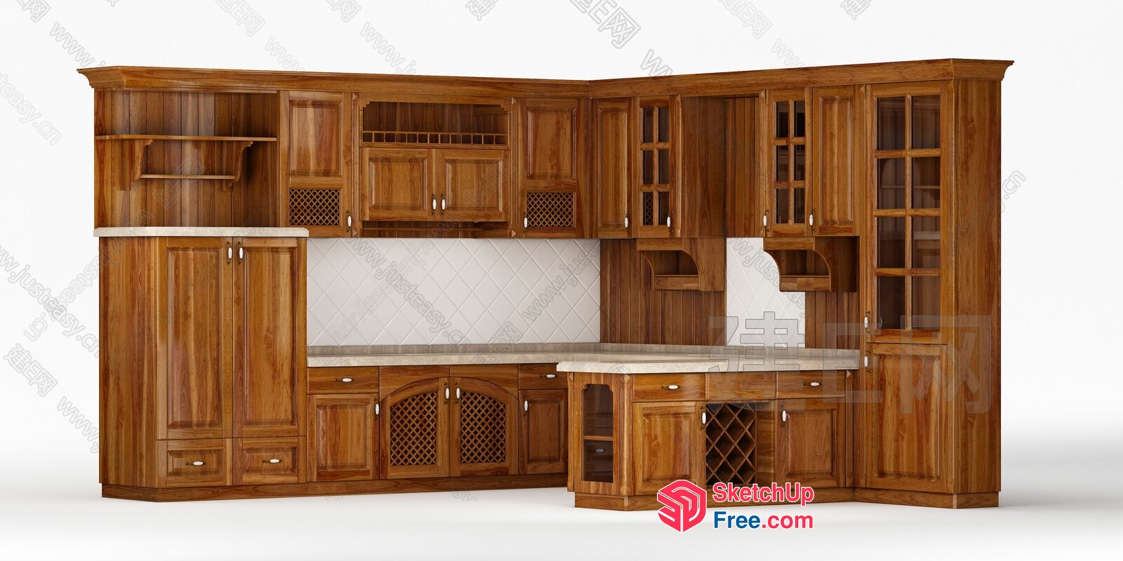 Elegant Wooden Kitchen Cabinets With Built-In Appliances 3D SketchUp File