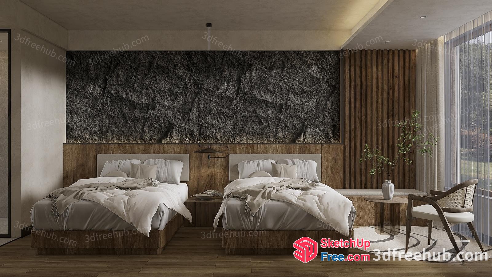 Two Beds And Nightstands In A Modern Bedroom 3D SketchUp File