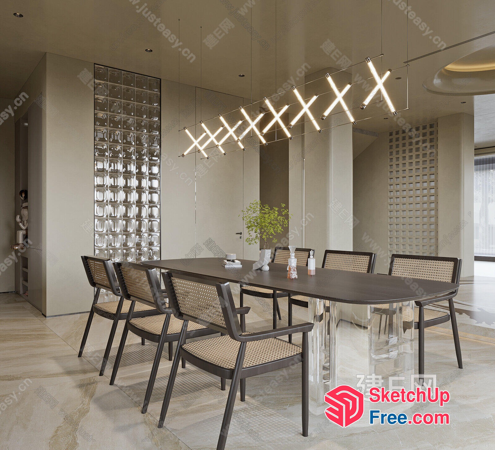 Modern Minimalist Dining Room With Glass Brick Accent 3D SketchUp File