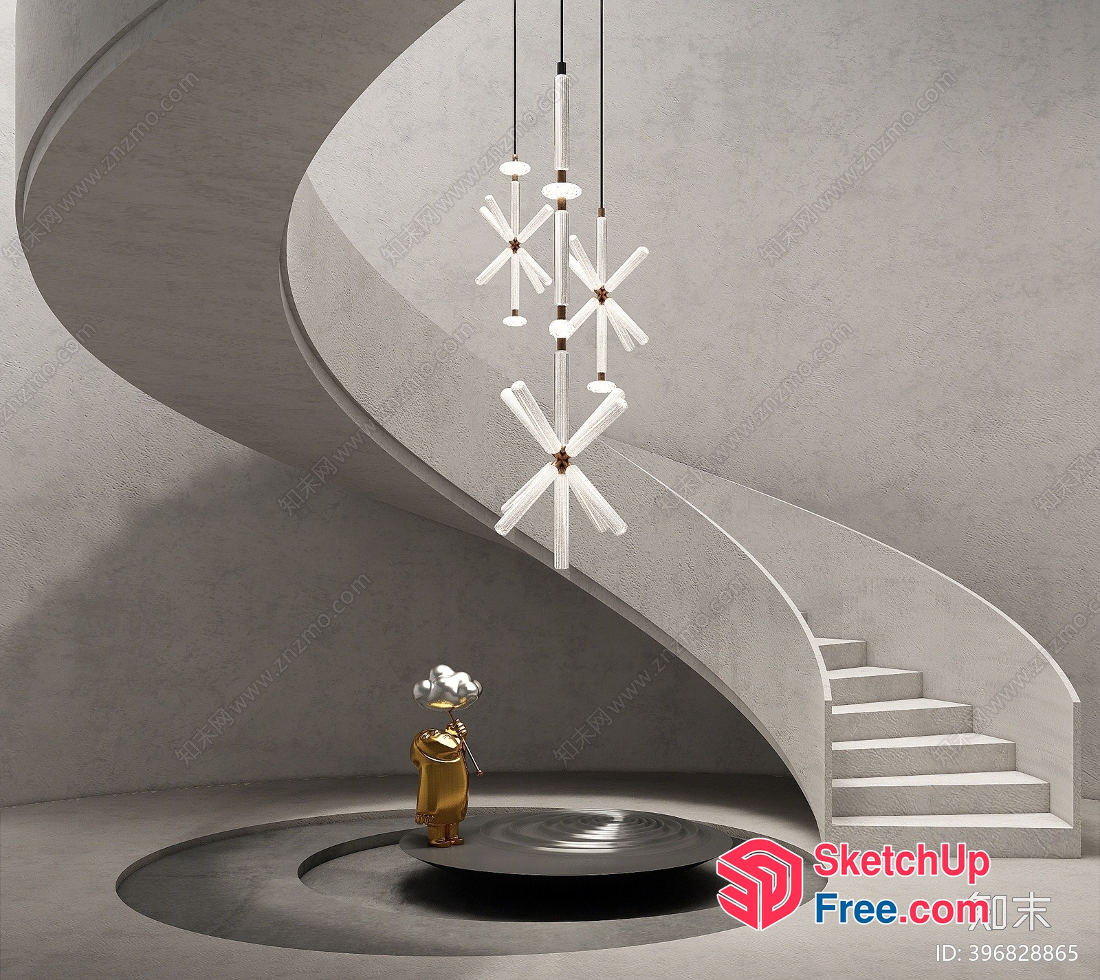 Futuristic Staircase With Sculptural Light Fixture 3D SketchUp File